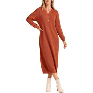 imagePRETTYGARDEN Womens Fall Knit Sweater Dress Long Sleeve Button V Neck Loose Casual Maxi DressesOrange