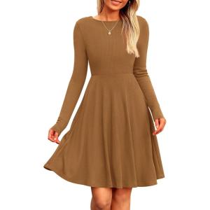 imagePRETTYGARDEN Womens Fall Short Dress Ribbed Knit Crewneck Long Sleeve A Line Flowy Casual Elegant Cute Going Out DressesDark Khaki