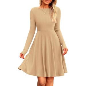 imagePRETTYGARDEN Womens Fall Short Dress Ribbed Knit Crewneck Long Sleeve A Line Flowy Casual Elegant Cute Going Out DressesLight Apricot