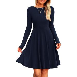 imagePRETTYGARDEN Womens Fall Short Dress Ribbed Knit Crewneck Long Sleeve A Line Flowy Casual Elegant Cute Going Out DressesNavy