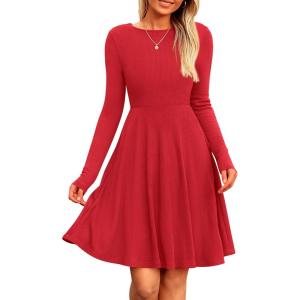 imagePRETTYGARDEN Womens Fall Short Dress Ribbed Knit Crewneck Long Sleeve A Line Flowy Casual Elegant Cute Going Out DressesRed