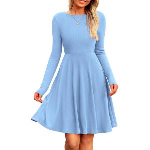 imagePRETTYGARDEN Womens Fall Short Dress Ribbed Knit Crewneck Long Sleeve A Line Flowy Casual Elegant Cute Going Out DressesSky Blue