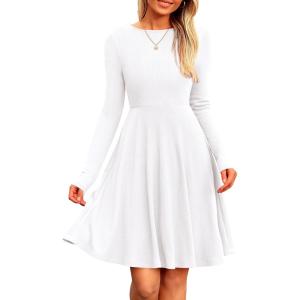 imagePRETTYGARDEN Womens Fall Short Dress Ribbed Knit Crewneck Long Sleeve A Line Flowy Casual Elegant Cute Going Out DressesWhite