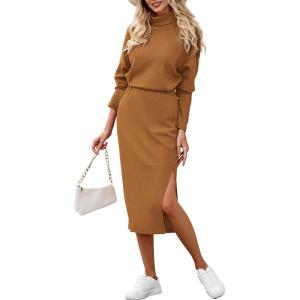 imagePRETTYGARDEN Womens Spring 2 Piece Matching Outfits Long Sleeve Turtleneck Ribbed Top and Midi Skirt Dress SetsBrown