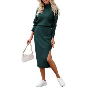 imagePRETTYGARDEN Womens Spring 2 Piece Matching Outfits Long Sleeve Turtleneck Ribbed Top and Midi Skirt Dress SetsDark Green