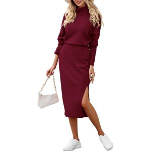 imagePRETTYGARDEN Womens Spring 2 Piece Matching Outfits Long Sleeve Turtleneck Ribbed Top and Midi Skirt Dress SetsDark Wine Red