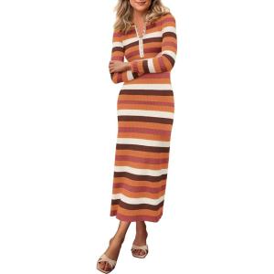 imagePRETTYGARDEN Womens Striped Spring Midi Sweater Dress Fall Long Sleeve Button Up V Neck Knit Bodycon Vacation Party DressesStriped Orange