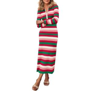 imagePRETTYGARDEN Womens Striped Spring Midi Sweater Dress Fall Long Sleeve Button Up V Neck Knit Bodycon Vacation Party DressesStriped Red