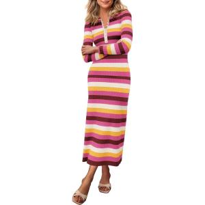 imagePRETTYGARDEN Womens Striped Spring Midi Sweater Dress Fall Long Sleeve Button Up V Neck Knit Bodycon Vacation Party DressesStriped Rose Red