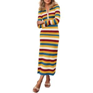 imagePRETTYGARDEN Womens Striped Spring Midi Sweater Dress Fall Long Sleeve Button Up V Neck Knit Bodycon Vacation Party DressesStriped Yellow