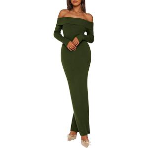 imagePRETTYGARDEN Womens Winter Sweater Dress Long Sleeve Off Shoulder Slit Maxi Bodycon Cocktail Party DressesArmy Green