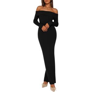 imagePRETTYGARDEN Womens Winter Sweater Dress Long Sleeve Off Shoulder Slit Maxi Bodycon Cocktail Party DressesBlack