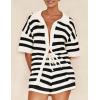 imagePRETTYGARDEN Womens 2 Piece Shorts Sets Casual Summer 2025 Short Sleeve Striped Sweater Set Matching Beach Vacation OutfitBlack
