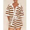 imagePRETTYGARDEN Womens 2 Piece Shorts Sets Casual Summer 2025 Short Sleeve Striped Sweater Set Matching Beach Vacation OutfitKhaki