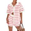imagePRETTYGARDEN Womens 2 Piece Shorts Sets Casual Summer 2025 Short Sleeve Striped Sweater Set Matching Beach Vacation OutfitPink