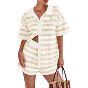 imagePRETTYGARDEN Womens 2 Piece Shorts Sets Casual Summer 2025 Short Sleeve Striped Sweater Set Matching Beach Vacation OutfitApricot