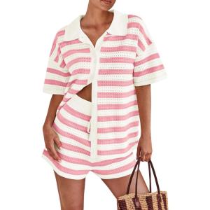 imagePRETTYGARDEN Womens 2 Piece Shorts Sets Casual Summer 2025 Short Sleeve Striped Sweater Set Matching Beach Vacation OutfitPink