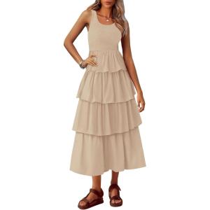 imagePRETTYGARDEN Womens Summer Sleeveless Midi Dress Scoop Neck Tank Top Smocked A Line Tiered Beach Flowy Long DressesApricot