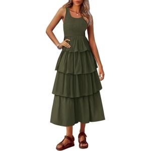 imagePRETTYGARDEN Womens Summer Sleeveless Midi Dress Scoop Neck Tank Top Smocked A Line Tiered Beach Flowy Long DressesArmy Green