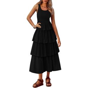 imagePRETTYGARDEN Womens Summer Sleeveless Midi Dress Scoop Neck Tank Top Smocked A Line Tiered Beach Flowy Long DressesBlack