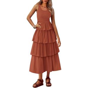 imagePRETTYGARDEN Womens Summer Sleeveless Midi Dress Scoop Neck Tank Top Smocked A Line Tiered Beach Flowy Long DressesBrick Red
