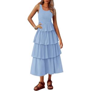 imagePRETTYGARDEN Womens Summer Sleeveless Midi Dress Scoop Neck Tank Top Smocked A Line Tiered Beach Flowy Long DressesLight Blue