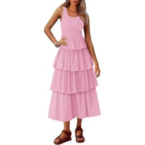 imagePRETTYGARDEN Womens Summer Sleeveless Midi Dress Scoop Neck Tank Top Smocked A Line Tiered Beach Flowy Long DressesPink