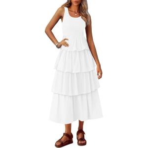 imagePRETTYGARDEN Womens Summer Sleeveless Midi Dress Scoop Neck Tank Top Smocked A Line Tiered Beach Flowy Long DressesWhite