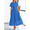 imagePRETTYGARDEN Womens 2025 Summer Maxi Dress Short Sleeve V Neck Hollow Out Eyelet A Line Long Flowy Beach Vacation DressesBlue