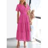imagePRETTYGARDEN Womens 2025 Summer Maxi Dress Short Sleeve V Neck Hollow Out Eyelet A Line Long Flowy Beach Vacation DressesRose Red