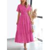 imagePRETTYGARDEN Womens 2025 Summer Maxi Dress Short Sleeve V Neck Hollow Out Eyelet A Line Long Flowy Beach Vacation DressesRose Red