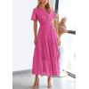 imagePRETTYGARDEN Womens 2025 Summer Maxi Dress Short Sleeve V Neck Hollow Out Eyelet A Line Long Flowy Beach Vacation DressesRose Red