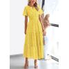 imagePRETTYGARDEN Womens 2025 Summer Maxi Dress Short Sleeve V Neck Hollow Out Eyelet A Line Long Flowy Beach Vacation DressesYellow