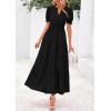 imagePRETTYGARDEN Womens 2025 Summer Midi Dress Short Sleeve V Neck Ruffle Tiered Flowy A Line Casual Beach Dress with PocketsBlack