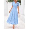 imagePRETTYGARDEN Womens 2025 Summer Midi Dress Short Sleeve V Neck Ruffle Tiered Flowy A Line Casual Beach Dress with PocketsLight Blue