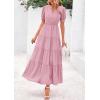 imagePRETTYGARDEN Womens 2025 Summer Midi Dress Short Sleeve V Neck Ruffle Tiered Flowy A Line Casual Beach Dress with PocketsPink