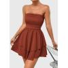imagePRETTYGARDEN Womens 2025 Summer Strapless Tube Mini Dress Off Shoulder Smocked Ruffle A Line Flowy Short Party Club DressesBrick Red