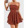 imagePRETTYGARDEN Womens 2025 Summer Strapless Tube Mini Dress Off Shoulder Smocked Ruffle A Line Flowy Short Party Club DressesBrick Red