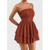imagePRETTYGARDEN Womens 2025 Summer Strapless Tube Mini Dress Off Shoulder Smocked Ruffle A Line Flowy Short Party Club DressesBrick Red