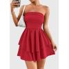 imagePRETTYGARDEN Womens 2025 Summer Strapless Tube Mini Dress Off Shoulder Smocked Ruffle A Line Flowy Short Party Club DressesRed