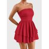 imagePRETTYGARDEN Womens 2025 Summer Strapless Tube Mini Dress Off Shoulder Smocked Ruffle A Line Flowy Short Party Club DressesRed