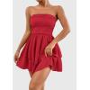 imagePRETTYGARDEN Womens 2025 Summer Strapless Tube Mini Dress Off Shoulder Smocked Ruffle A Line Flowy Short Party Club DressesRed