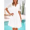 imagePRETTYGARDEN Womens Short Sleeve Mini Dress 2025 Summer V Neck Hollow Out Eyelet Ruffle A Line Swing Short DressesBeige White