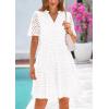imagePRETTYGARDEN Womens Short Sleeve Mini Dress 2025 Summer V Neck Hollow Out Eyelet Ruffle A Line Swing Short DressesBeige White