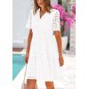 imagePRETTYGARDEN Womens Short Sleeve Mini Dress 2025 Summer V Neck Hollow Out Eyelet Ruffle A Line Swing Short DressesBeige White
