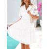 imagePRETTYGARDEN Womens Short Sleeve Mini Dress 2025 Summer V Neck Hollow Out Eyelet Ruffle A Line Swing Short DressesBeige White