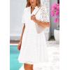 imagePRETTYGARDEN Womens Short Sleeve Mini Dress 2025 Summer V Neck Hollow Out Eyelet Ruffle A Line Swing Short DressesBeige White