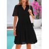 imagePRETTYGARDEN Womens Short Sleeve Mini Dress 2025 Summer V Neck Hollow Out Eyelet Ruffle A Line Swing Short DressesBlack