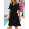 imagePRETTYGARDEN Womens Short Sleeve Mini Dress 2025 Summer V Neck Hollow Out Eyelet Ruffle A Line Swing Short DressesBlack