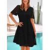 imagePRETTYGARDEN Womens Short Sleeve Mini Dress 2025 Summer V Neck Hollow Out Eyelet Ruffle A Line Swing Short DressesBlack